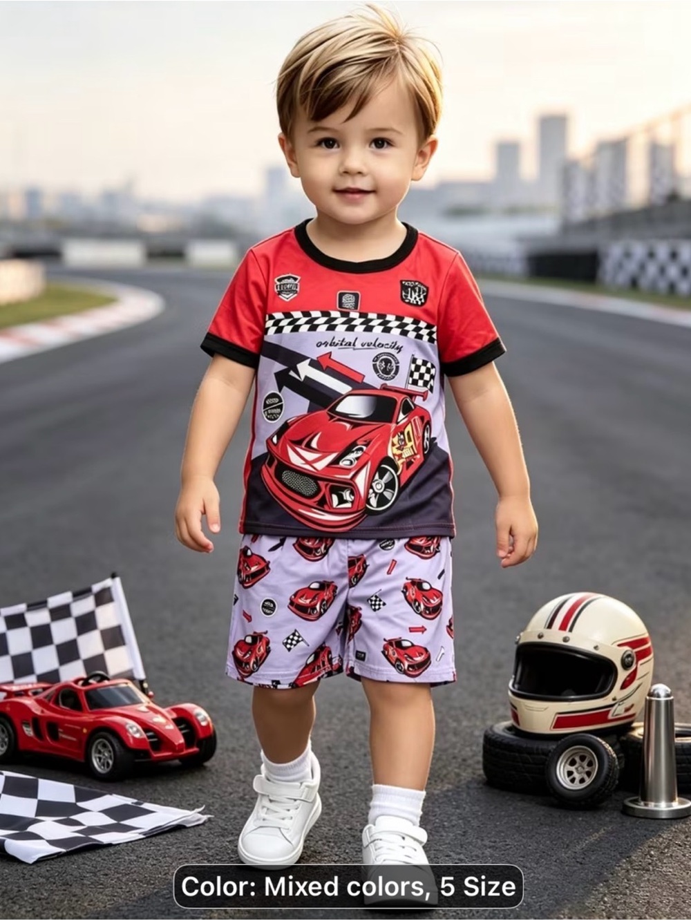 1-boys short set with Racing Car Print